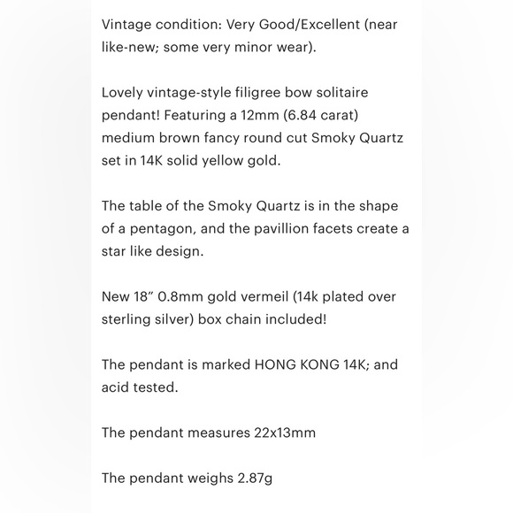 Vintage 14K Gold Smoky Quartz Pendant Necklace: Filigree Bow, Star Cut - Picture 10 of 10